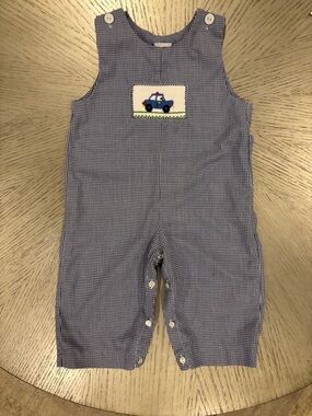 Smocked Giraffe Blue Gingham Romper with Police Car